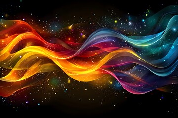 Obraz premium Dynamic colorful wave with sparkling particles on black background