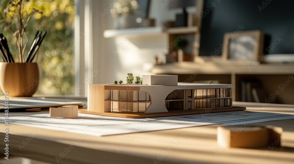 Poster Architectural Model of a Modern Building with Glass Windows on a Wooden Table