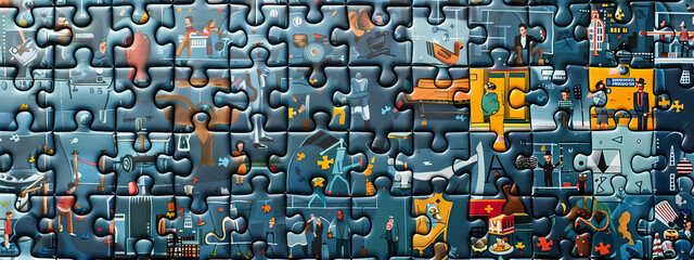 Fototapeta premium A vibrant, colorful puzzle featuring various scenes of daily life, with a blend of characters and activities creating an engaging collage.