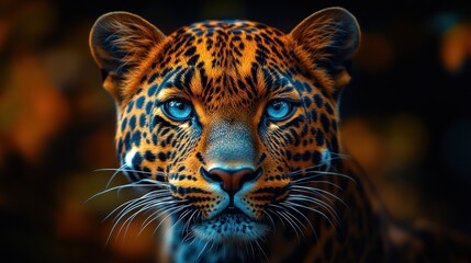 Obraz premium A close-up portrait of a leopard with blue eyes, looking directly at the camera.