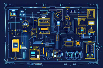 Schemat technologiczny, przypominający złożony układ elektroniczny.