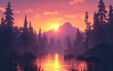 Sunrise Over Mountains And Lake