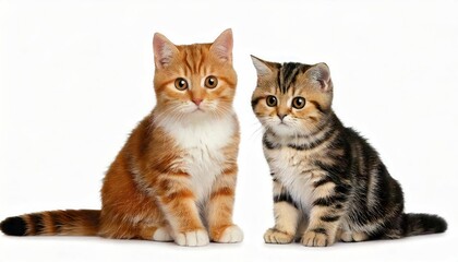 Obraz premium Cute Welsh mushroom kitten and a red kitten are sitting together on a white background. 