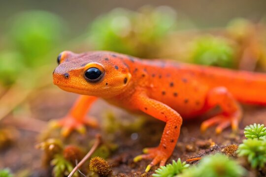 Tiny eastern red spotted newts passing by in an asymmetrical composition