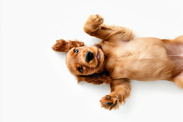 playful golden cocker spaniel puppy lying on its back, showcasing its adorable features and joyful expression. This captures essence of happy pet