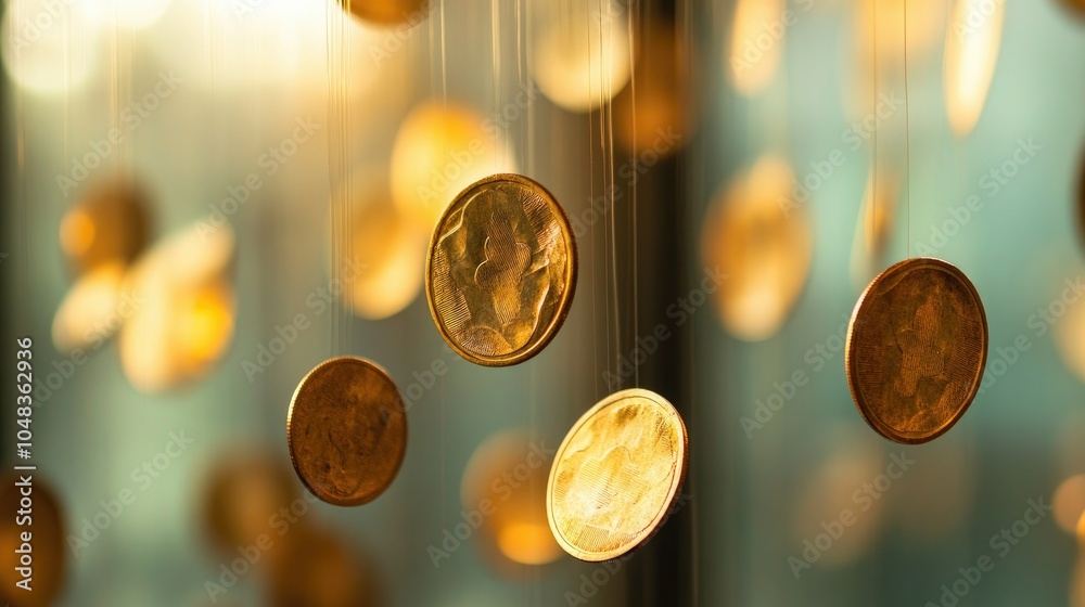 Aufkleber gold coins in motion, suspended in air with a softly blurred background, creating a sense of wealth 