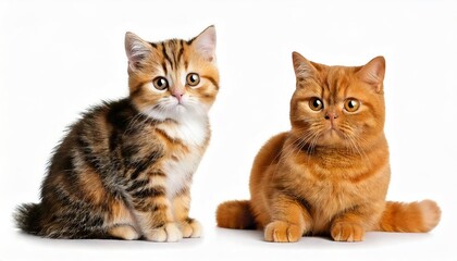 Obraz premium Cute Welsh mushroom kitten and a red kitten are sitting together on a white background. 