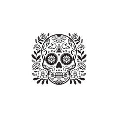 Mexican Black and White Decorative Sugar Skull Illustration with Beautiful Flower Patterns for Festival Tattoo Art.