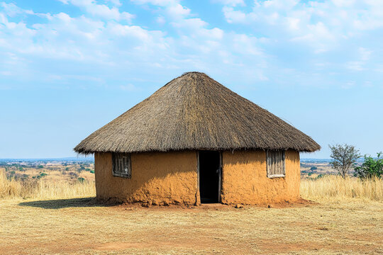 A traditional thatched-roof rondavel house in South Africa, with circular walls made of mud