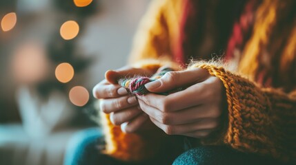 Close-up of Hands Holding Multicolored Yarn with a Blurred Bokeh Background