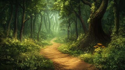 Obraz premium A Winding Path Through a Lush, Sun-Dappled Forest