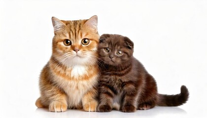 Obraz premium Cute Welsh mushroom kitten and a red kitten are sitting together on a white background. 