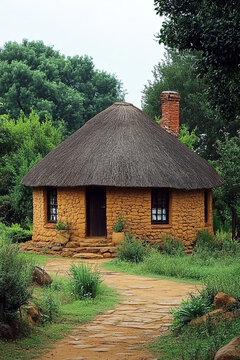A traditional thatched-roof rondavel house in South Africa, with circular walls made of mud