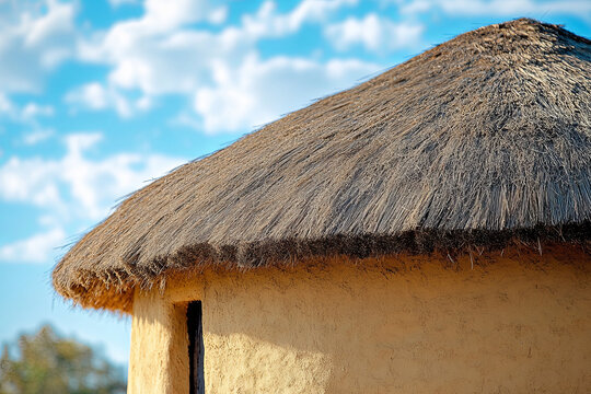 A traditional thatched-roof rondavel house in South Africa, with circular walls made of mud