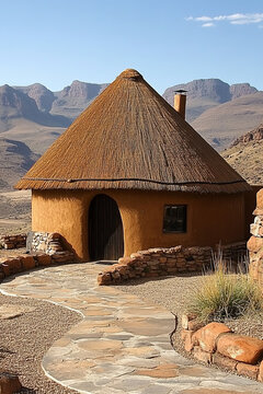 A traditional thatched-roof rondavel house in South Africa, with circular walls made of mud
