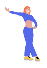 Cheerful young woman with her hand up is pointed to something.  Girl in sports clothes isolated on a white background. Vector illustration, icon of sporty woman. Dance, greeting, invitation pose. 