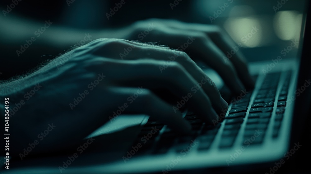 Poster close-up of hands typing on a laptop keyboard in dim lighting
