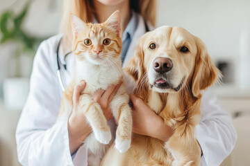 veterinarian holds cat and dog, showcasing bond between pets and their caregivers. scene reflects care and compassion in animal health
