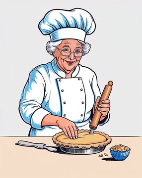 recommend clip art: Hand drawing clipart of a grandmother chef baking a pie with a rolling pin on plain white background