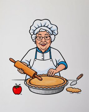 recommend clip art: Hand drawing clipart of a grandmother chef baking a pie with a rolling pin on plain white background