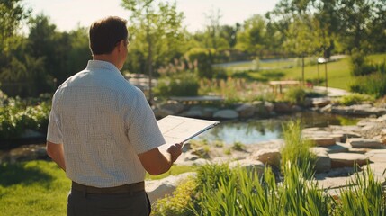 Site Visit: A landscape designer inspecting a project site