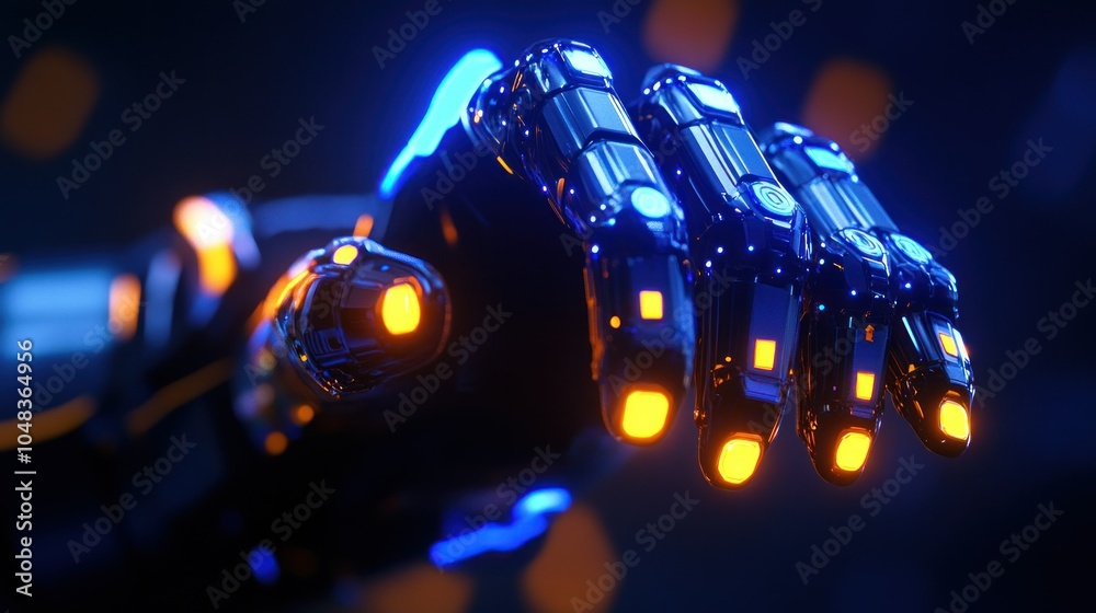 Poster close-up of a metallic robotic hand with glowing lights