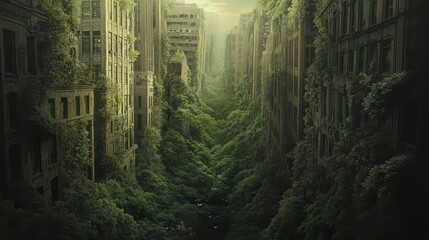 Fototapeta premium Overgrown Cityscape with Lush Foliage and Abandoned Buildings