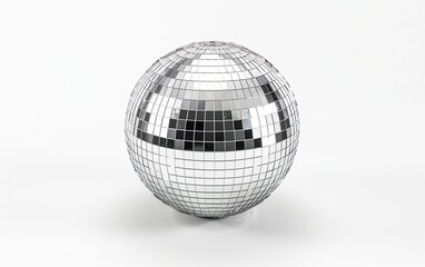 Fototapeta premium Nostalgic polished silver mirror disco ball from 2000s on white background, y2k nostalgia past millennium era. Metallic shiny lustrous gleaming sterling reflective elegant timeless retro-futurism