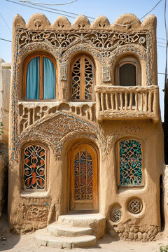 A mud-brick house in the Iranian desert, with intricate Persian designs on the facade