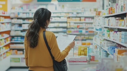 Woman Shopping for Medication in Pharmacy Aisle