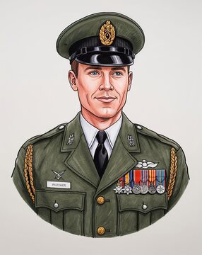 recommend clip art: Hand drawing clipart of a man soldier in uniform with medals on plain white background