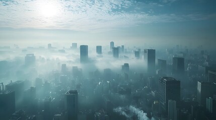 Fototapeta premium Dystopian City Skyline Obscured by Smog and Haze Symbolic of Climate Change and Environmental Pollution