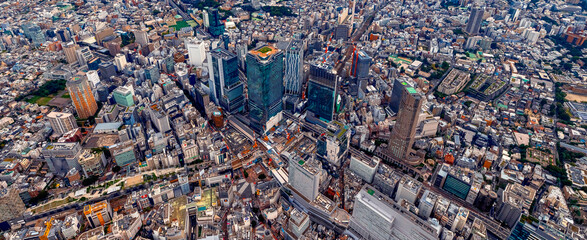 Naklejka premium Aerial view of Shibuya City, Tokyo, Japan