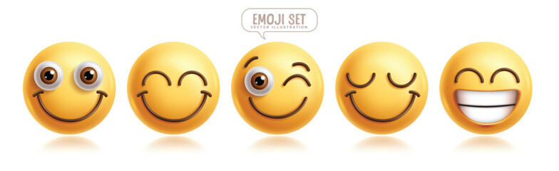 Emoji happy emoticon characters vector set. Emojis 3d character in happy, smile, funny, enjoy and smiling facial expressions for graphic elements collection. Vector illustrations emojis icon happy 