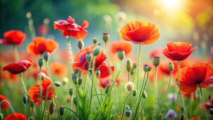 Fototapeta premium Title: Blooming poppies in a garden with forced perspective