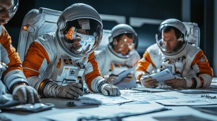 Astronauts attending mission briefing in space, reviewing plans and discussing objectives with team