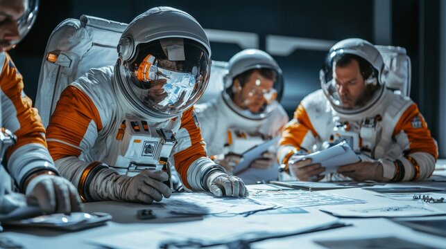 Astronauts attending mission briefing in space, reviewing plans and discussing objectives with team