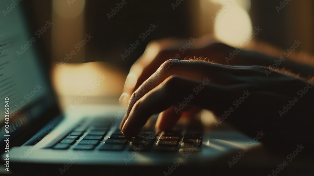 Poster close-up of hands typing on a laptop keyboard in dim light