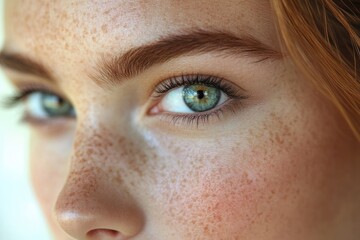 Obraz premium Closeup of young woman with freckles showing healthy skin