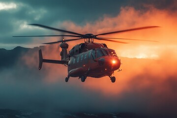 Fototapeta premium Red helicopter flying above the clouds at sunset