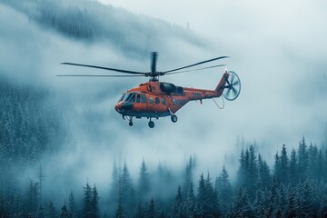 Orange rescue helicopter flying over foggy snowy forest