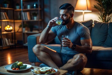 Obraz premium Muscular Man in Home Interior Enjoying Healthy Meal and Fresh Juice in Modern Living Room