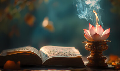 A lotus flower, an open book with ancient Indian inscriptions and symbols of yoga, stands against a background of smoke from incense sticks in a bronze or gold color. The background is Generative AI .