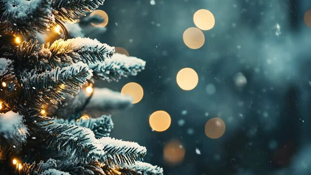 A snowy pine tree branch is adorned with twinkling lights against a backdrop of falling snow and bokeh