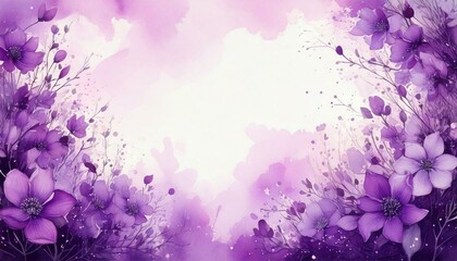 watercolor background with purple flowers with empty copy space in the middle