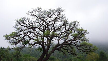 Obraz premium Majestic Tree Silhouette Against Misty Forest,