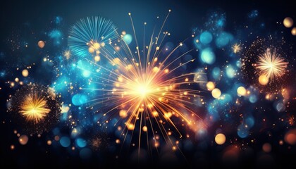 Naklejka premium Midnight Sky Illuminated by Blue Fireworks Over a Serene Lake