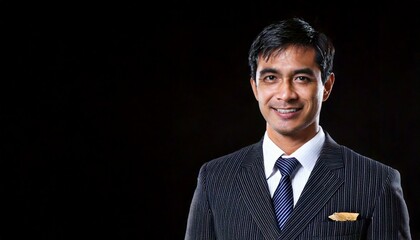 30代、ホテルコンシェルジュ風のスーツを着た男性