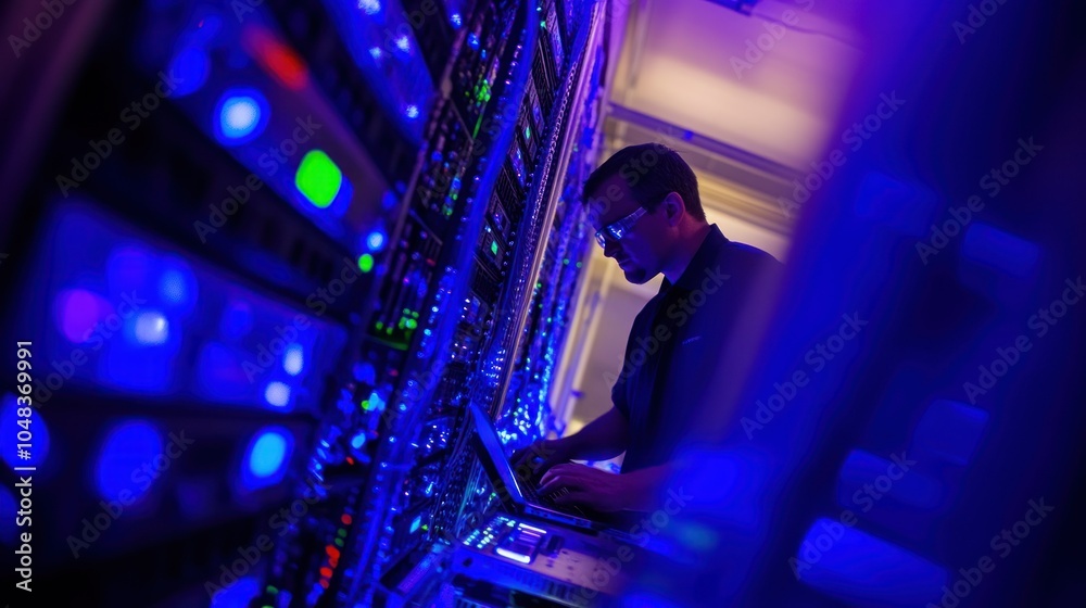 Poster technician working on server racks with blue lights