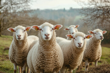 Obraz premium Flock of sheep standing together in lush green field, showcasing their fluffy wool and calm demeanor. serene landscape adds to peaceful atmosphere